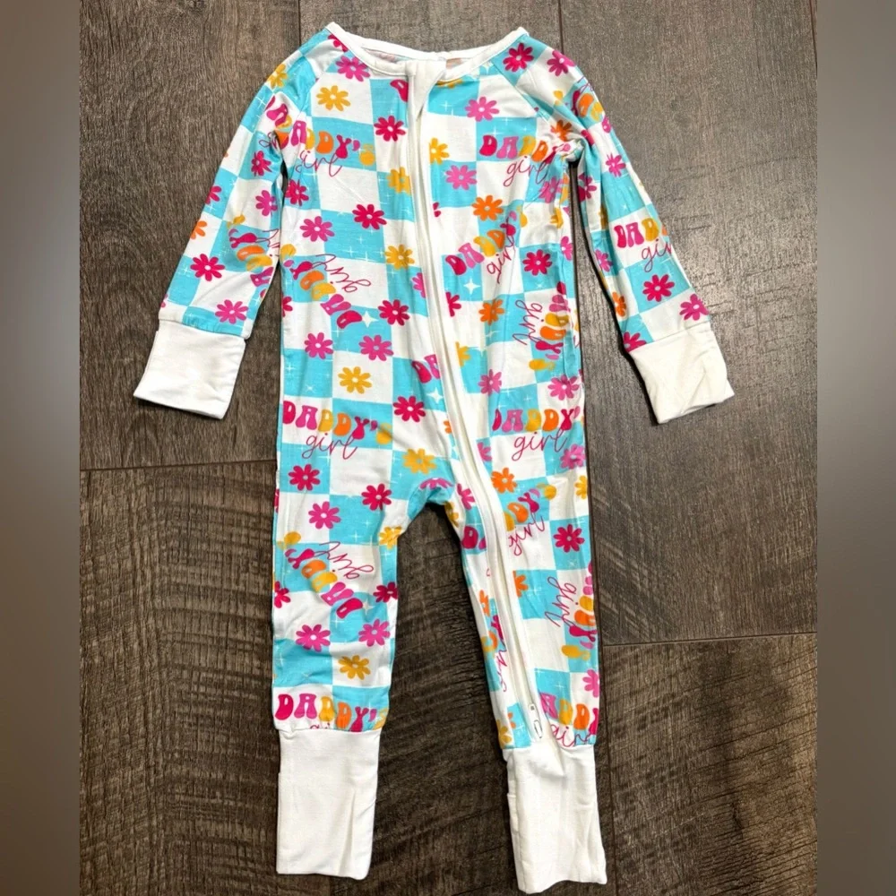 Bamboo Sleeper Floral “Daddy’s girl” print, Blue and White Check 6-12 m